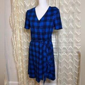 NWT Draper James Checkered Gingham Wrap V Neck Dress Size Small Blue New